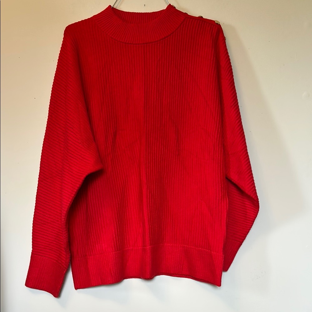 TAHARI red batwing knit sweater gold button trim ribbed collar/cuffs/tail size L